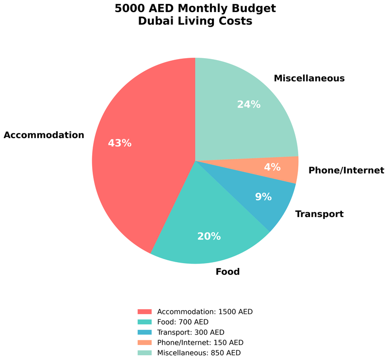 Budget breakdown showing how 5000 AED per month is spent in Dubai including accommodation, food, transport
