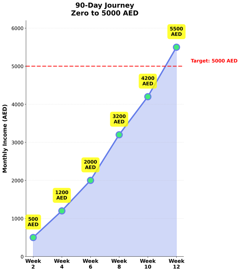 90-day timeline showing progressive income growth from zero to 5000 AED per month in Dubai