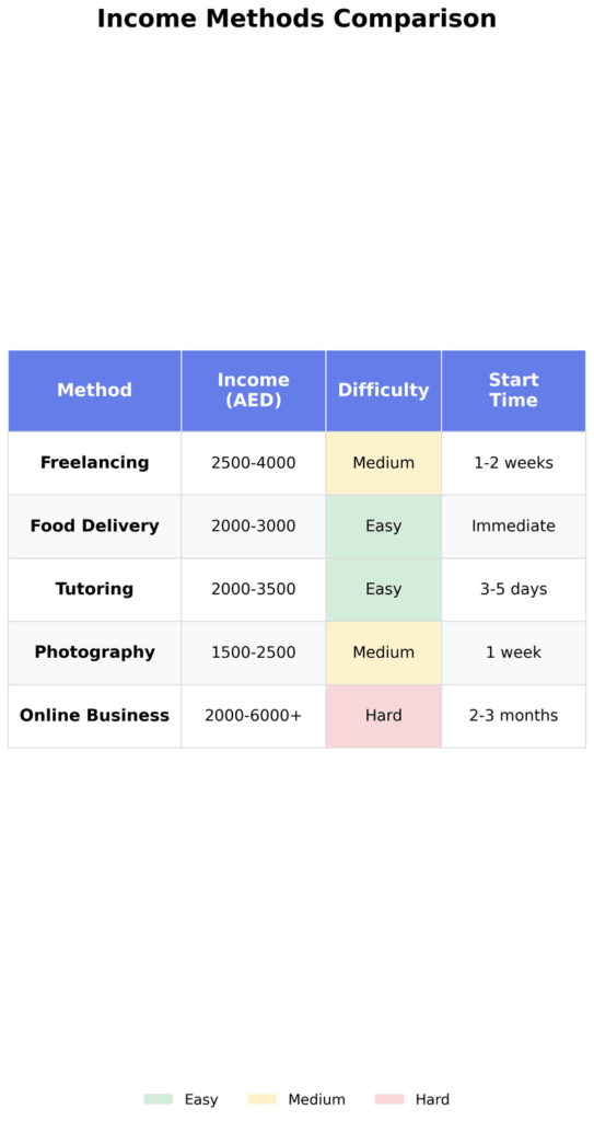 Detailed comparison table of earning methods in Dubai with investment needed, start time and best suited candidates